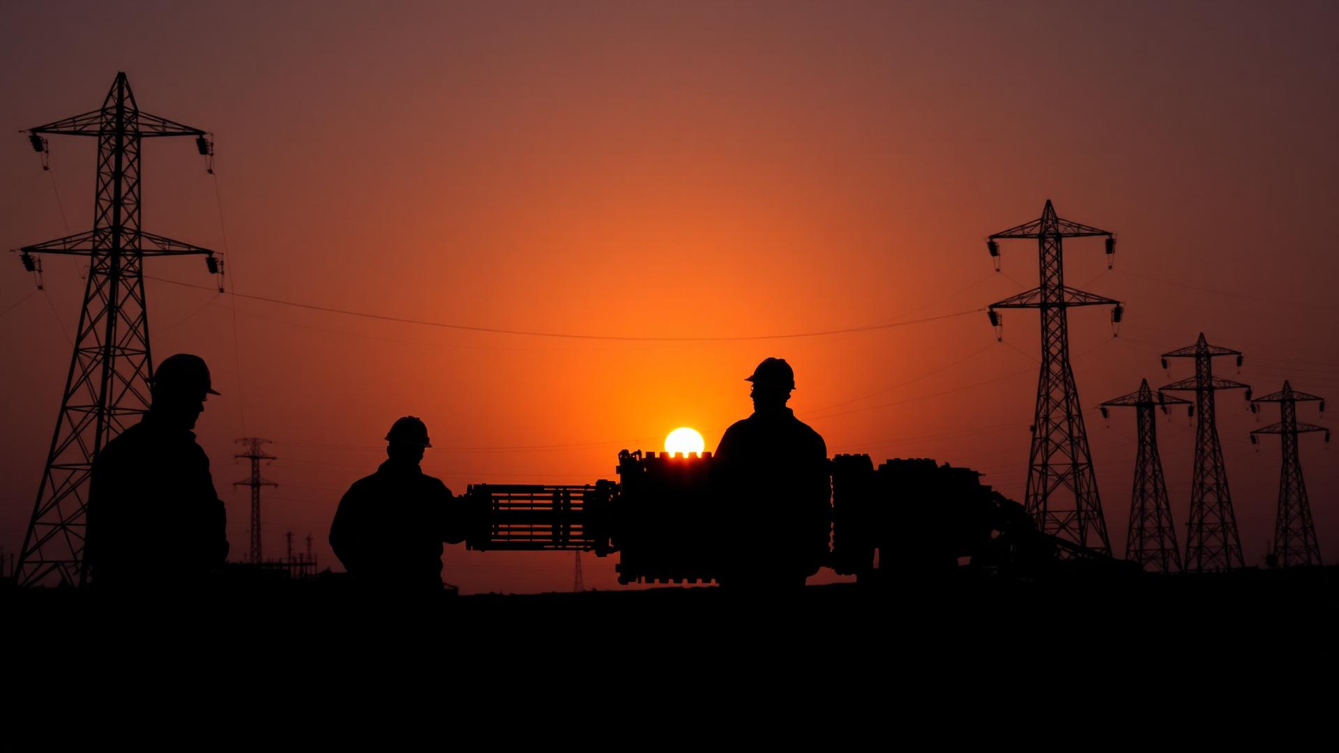 Engineers at an industrial power distribution site at sunset